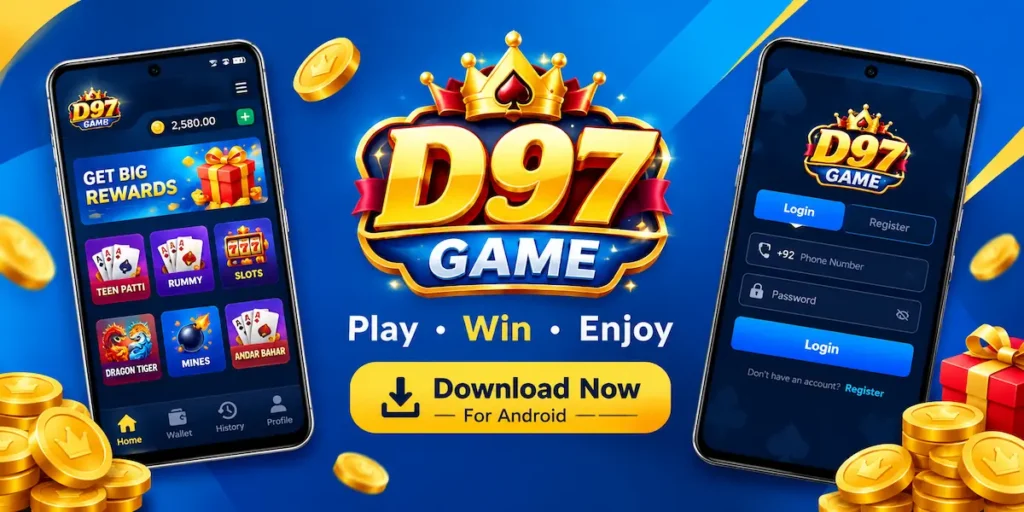 D97 Game APK banner showing two Android phones with the game home screen and login page, featuring a blue and gold casino-style design.