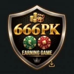 666PK game gold shield logo design for mobile game with coins, treasure chest, poker chips, and crowns.