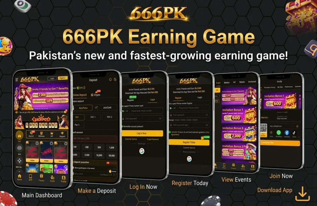 666PK game apk official earning game shield banner featuring gold coins treasure chest and poker chips with crown icons.