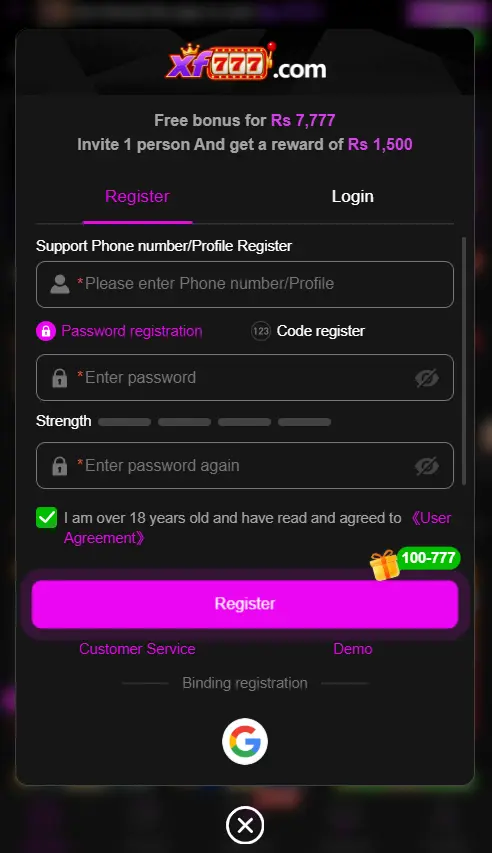 777XF Game Registration Process Page 