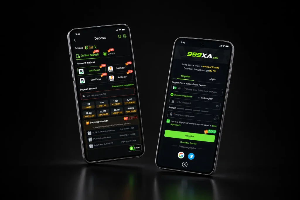 999XA app interface showing online deposit options via EasyPaisa and JazzCash alongside mobile registration page.