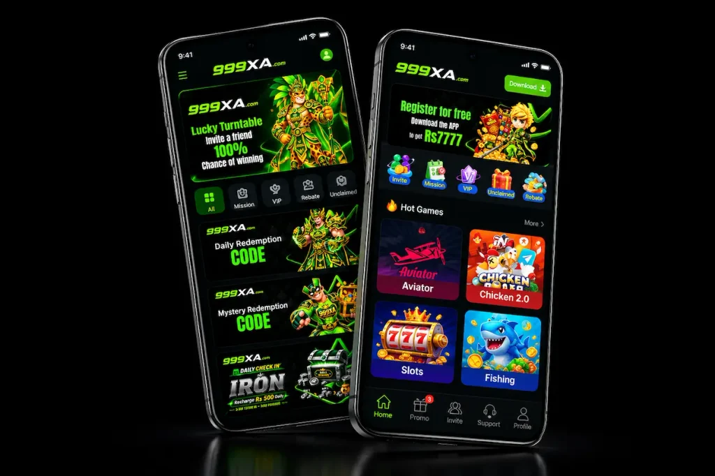 999XA Game Apk app interface displayed on two smartphones showing mobile gaming features, hot games like Aviator, and reward banners.