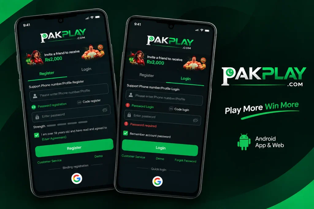 Pak Play registration and login pages displayed on two Android phones with a clean green and black design.