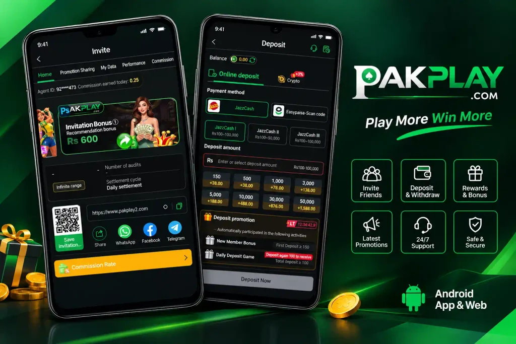 Pak Play new Game mobile interface showing deposit and invite bonus options with JazzCash and Easypaisa payment methods.
