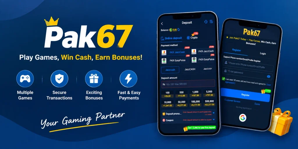 Pak67 Game banner with dark blue background, Android deposit and registration screens, JazzCash and Easypaisa payment options.