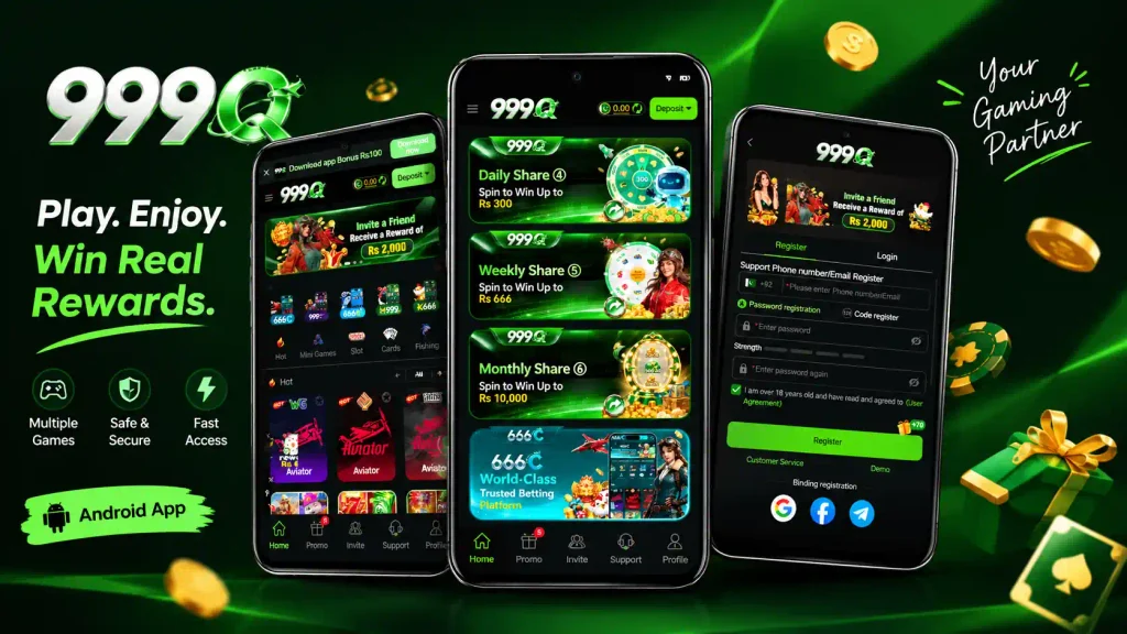 999q apk game casino Android app featuring gaming, rewards, casino games, and registration screens