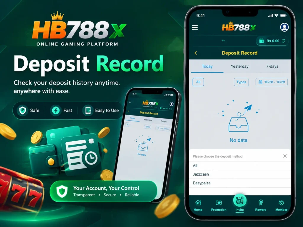 HB788 Official Game APK deposit record banner featuring a mobile app interface, deposit history, JazzCash and Easypaisa payment options, and dark green gaming design.