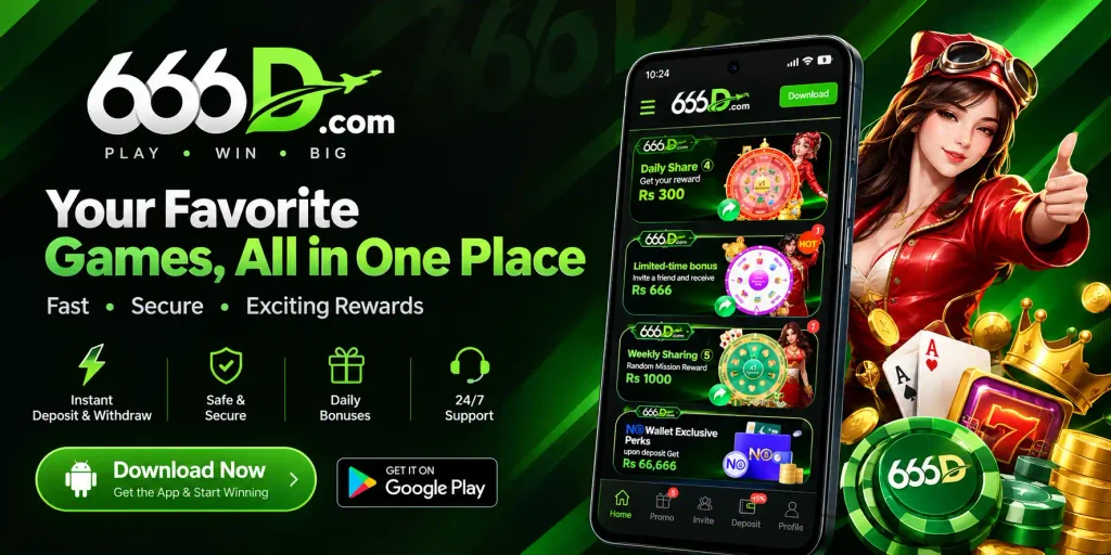 666D Game APK download banner featuring gaming rewards and mobile app interface