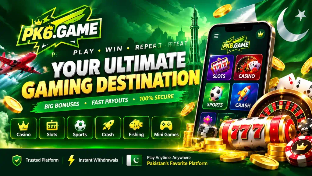PK 6 Apk online gaming banner featuring casino games, slots, sports, and gaming app