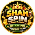 Shah Spin Game APK logo with a gold crown, casino symbols, gold coins, and green and black background.